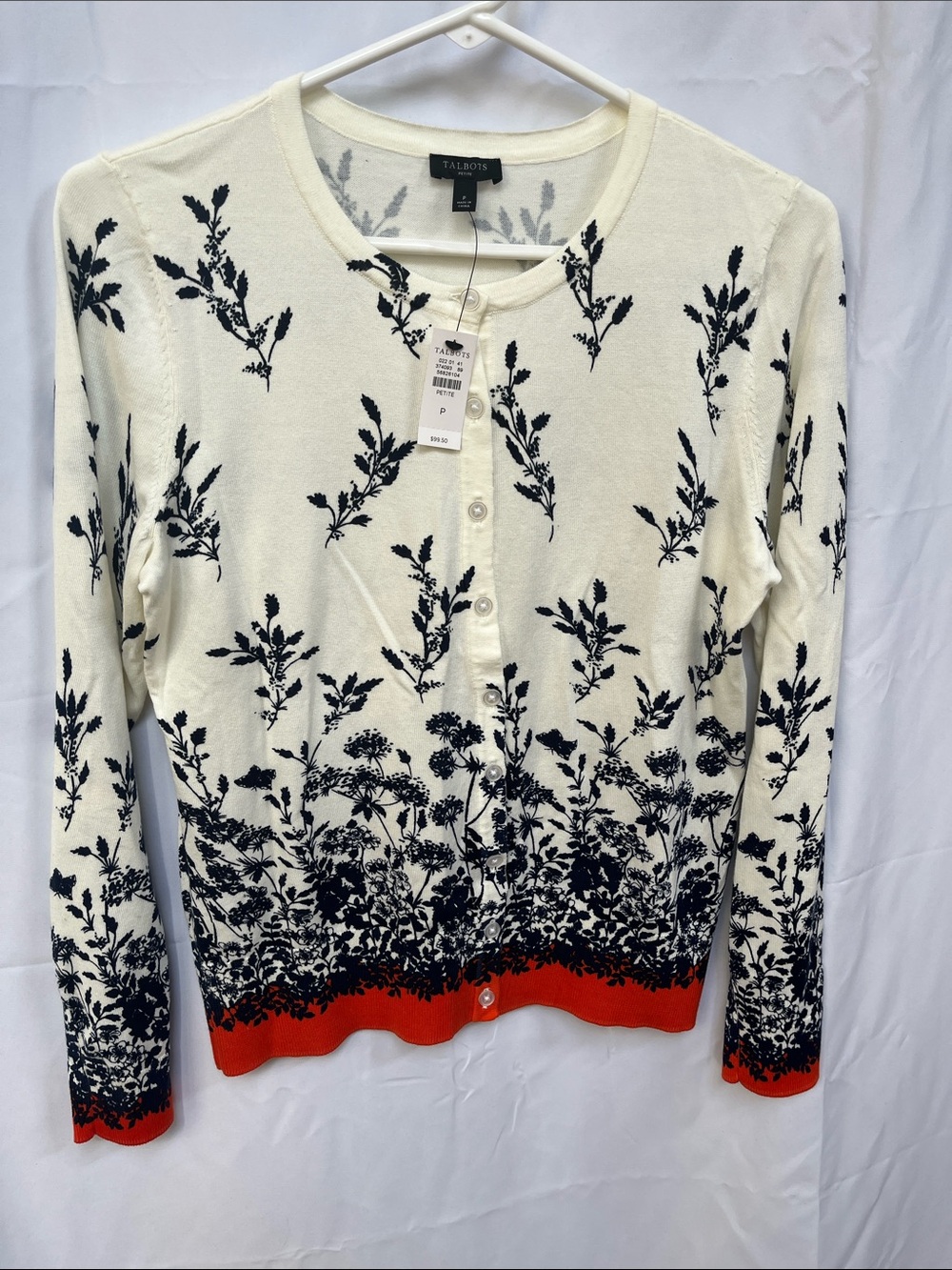 Talbots Cream Cardigan with Navy Floral Print and Orange Hem - Petite